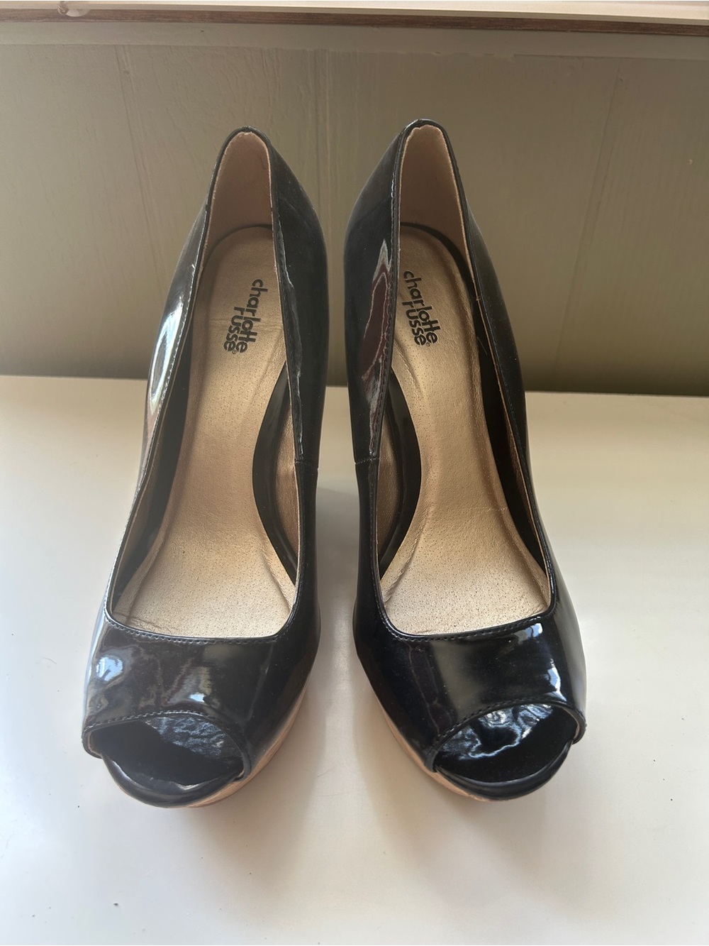Charlotte Russe Black Patent Peep-Toe Heels